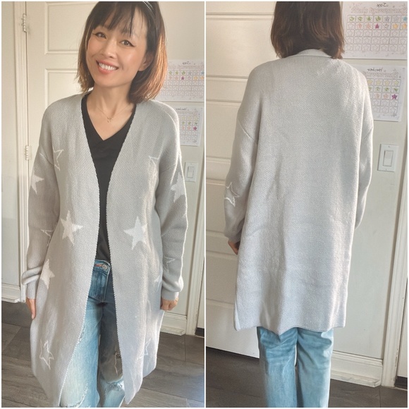 Cozy Grey Star Print Open Front Knit Cardigan - Picture 4 of 9